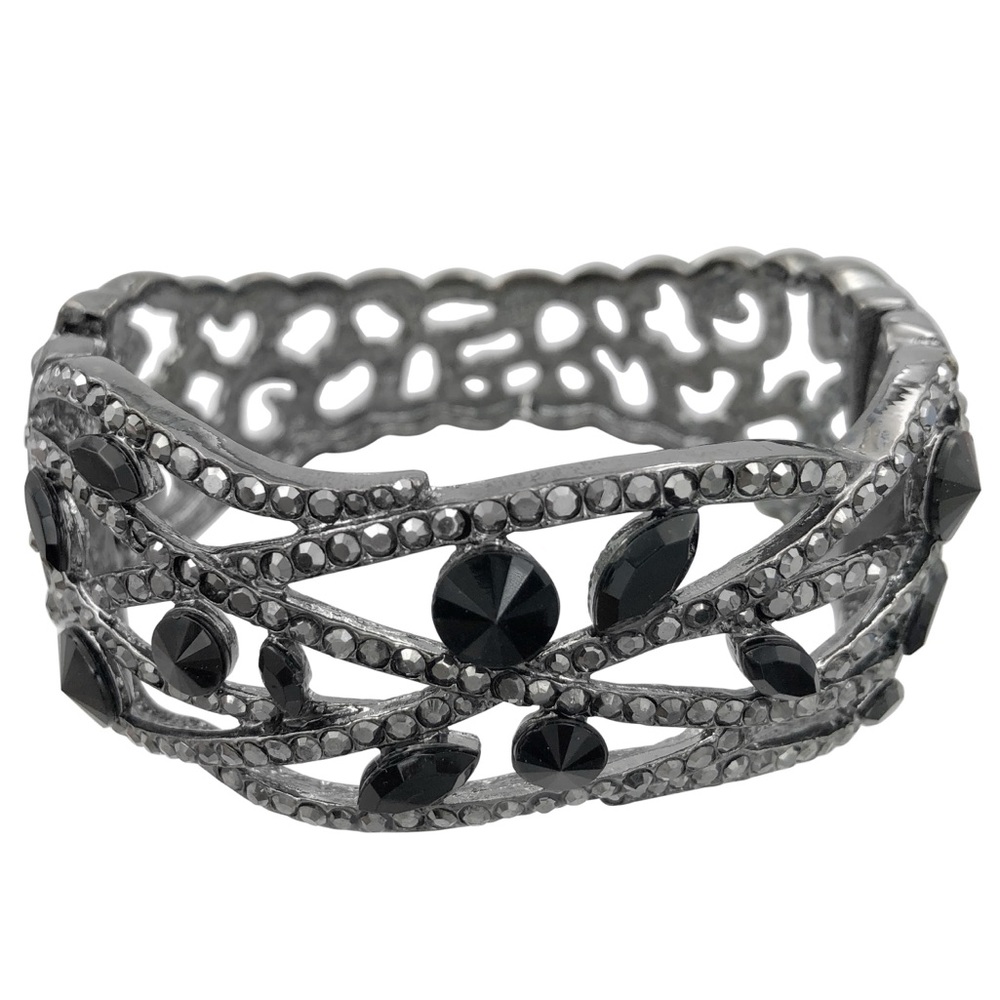 Black & Hematite Grey Rhinestone Lines Chunky Statement Hinged Bangle Bracelet